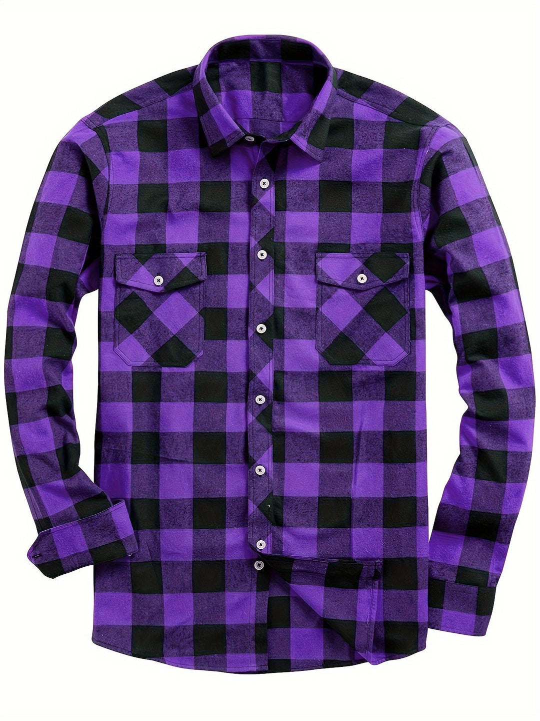 Men's Plaid Flannel Shirt with Dual Chest Pockets - Casual - Purple