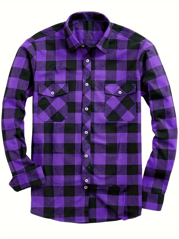 Men's Plaid Flannel Shirt with Dual Chest Pockets - Casual - Purple
