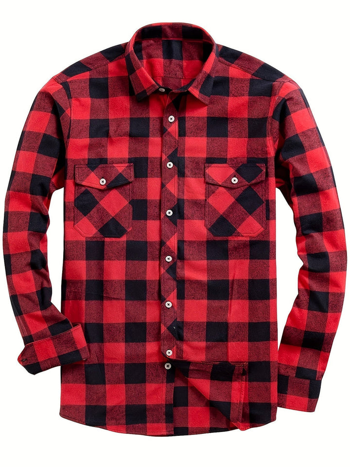 Men's Plaid Flannel Shirt with Dual Chest Pockets - Casual - Red