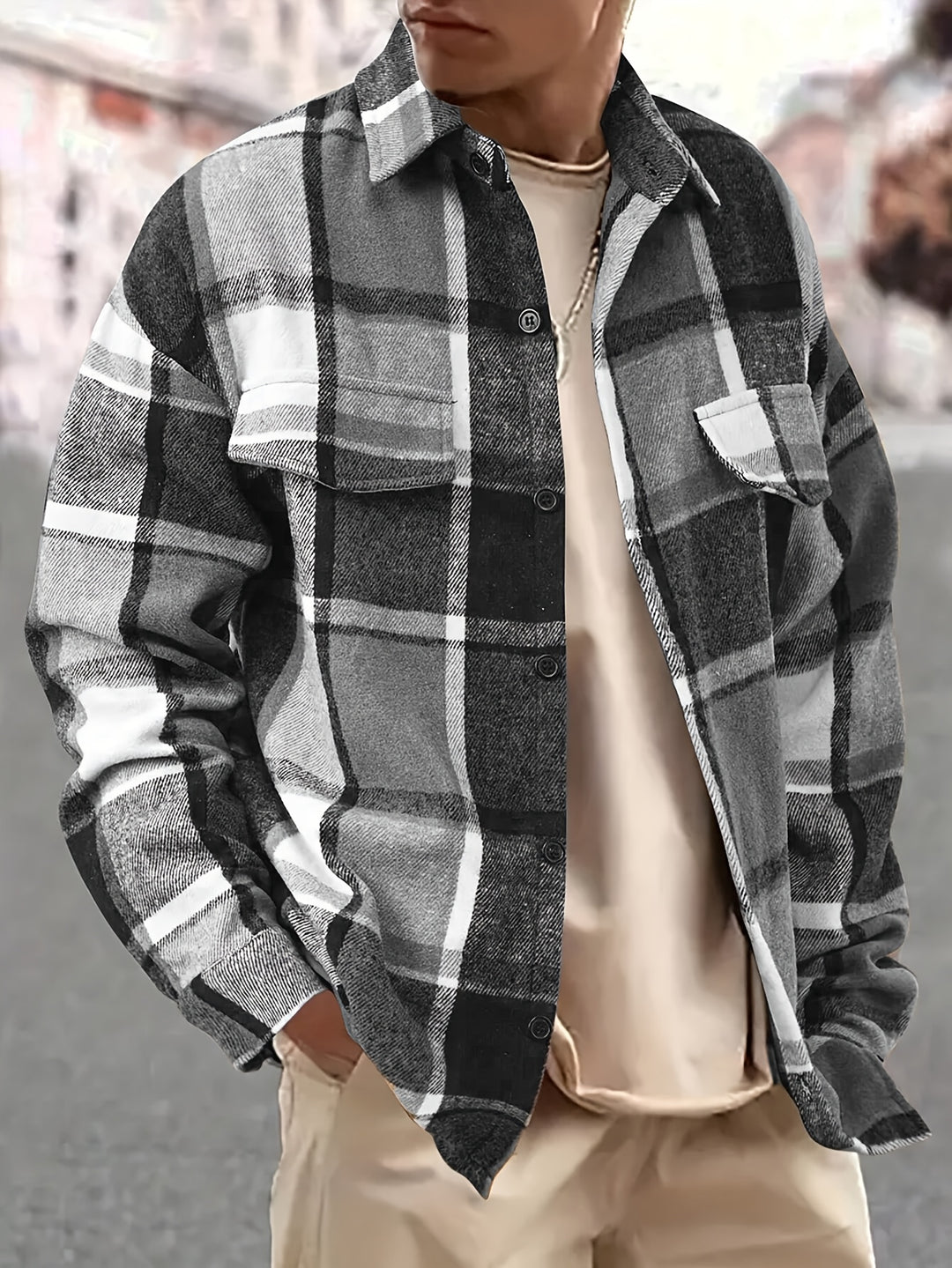 Men's Plaid Shirt Jacket - Classic Casual Overshirt - Black