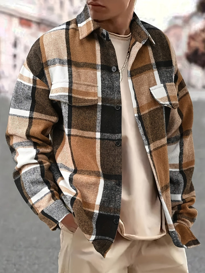 Men's Plaid Shirt Jacket - Classic Casual Overshirt - Khaki