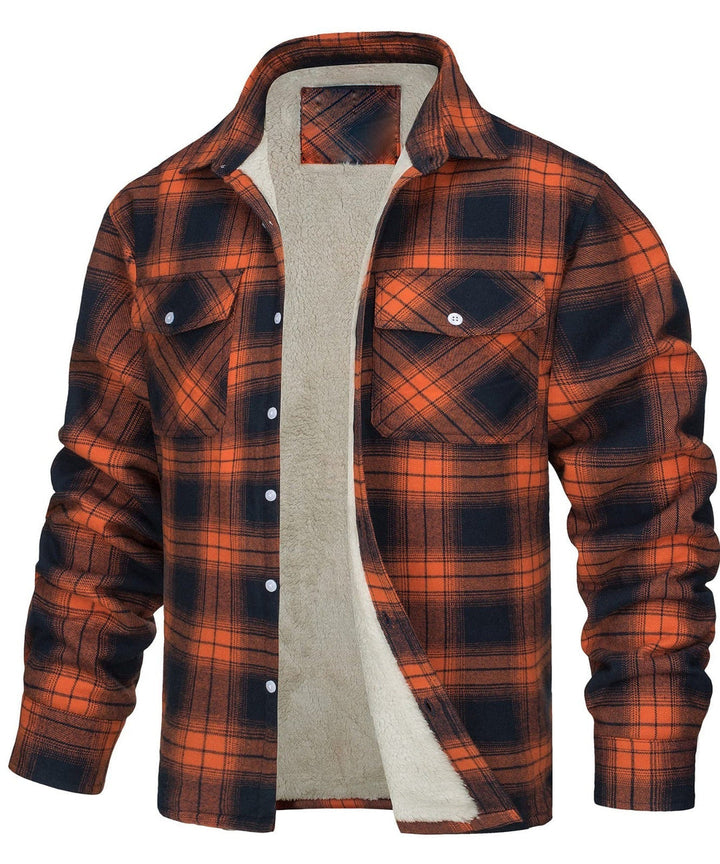 Men's Plaid Winter Jacket - Warm Quilted Lining - Orange