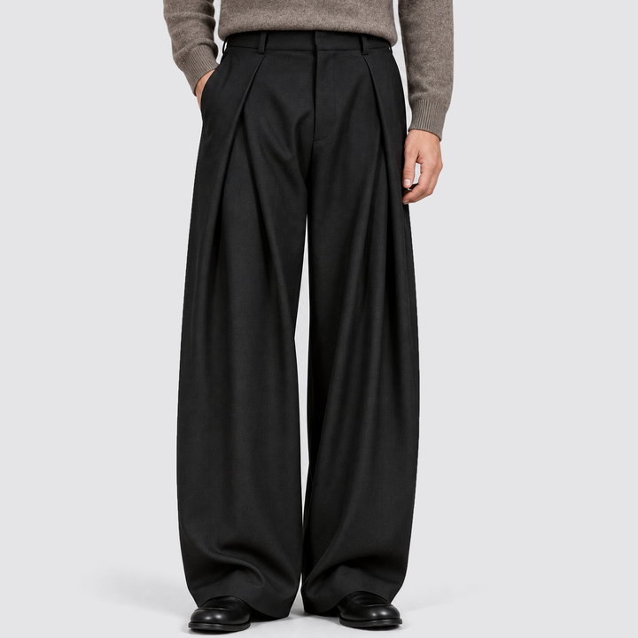 Men's Pleated Wide-Leg Trousers in black, High-Waist Tailored Fit