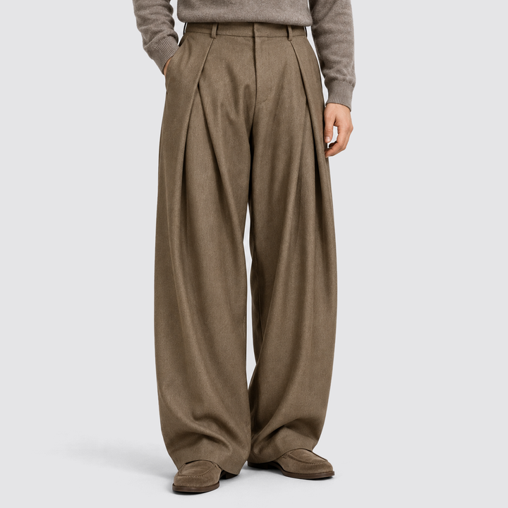 Men's Pleated Wide-Leg Trousers in light brown, High-Waist Tailored Fit