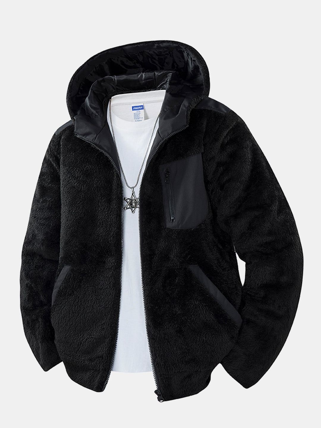 Men's Plush Teddy Fleece Hooded Jacket – Relaxed Fit - Black