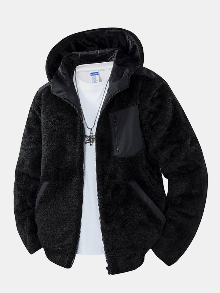 Men's Plush Teddy Fleece Hooded Jacket – Relaxed Fit - Black
