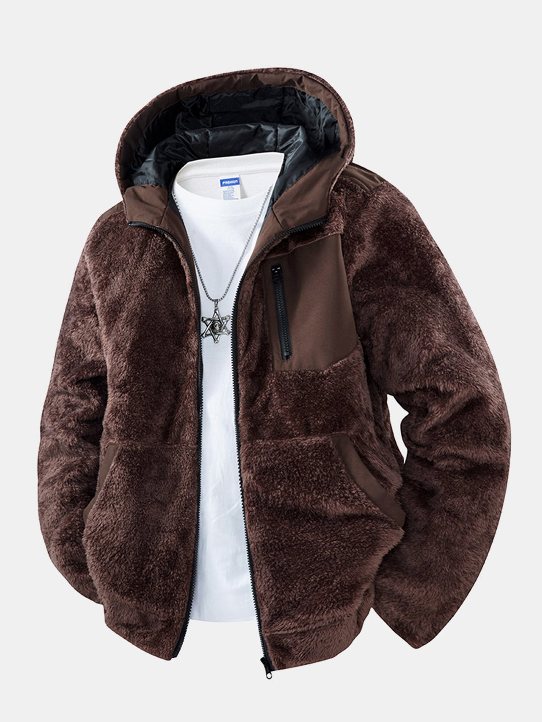 Men's Plush Teddy Fleece Hooded Jacket – Relaxed Fit - Dark Brown