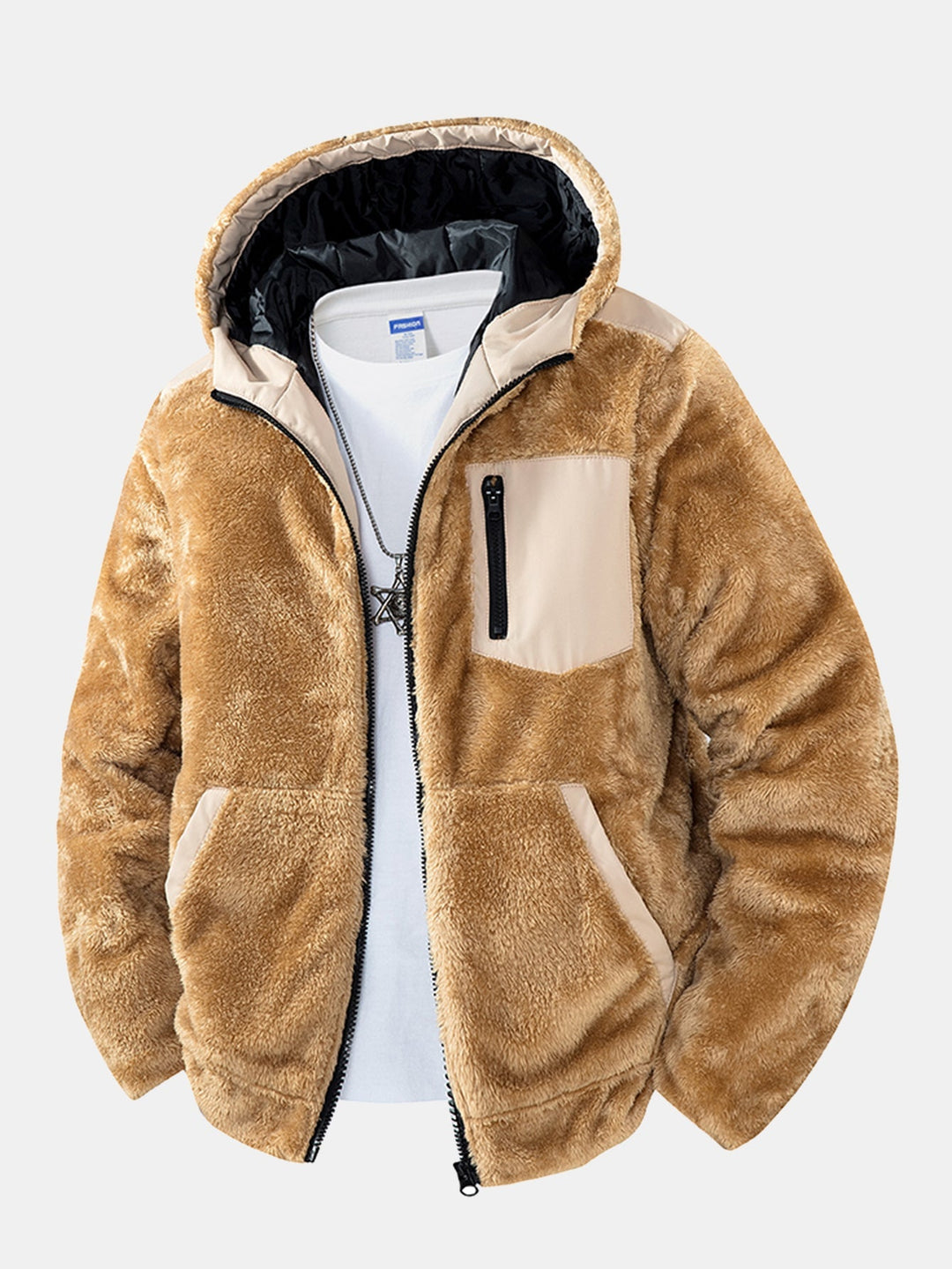 Men's Plush Teddy Fleece Hooded Jacket – Relaxed Fit - Light Brown