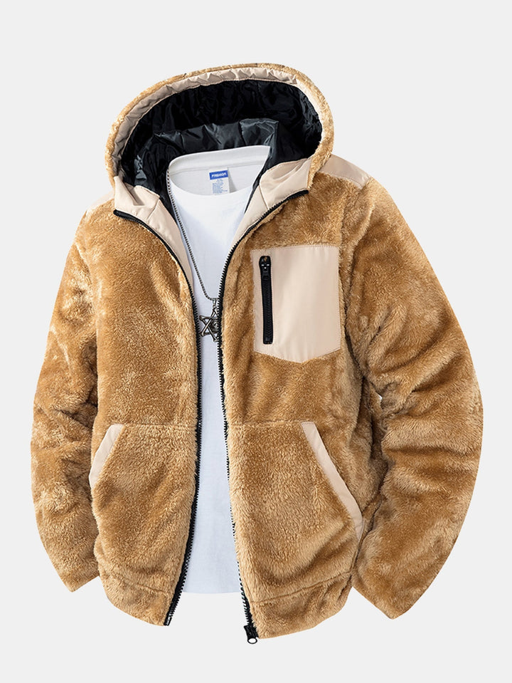 Men's Plush Teddy Fleece Hooded Jacket – Relaxed Fit - Light Brown