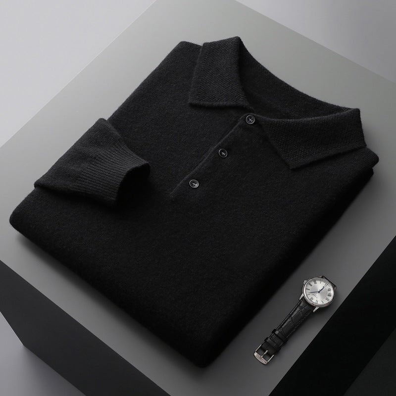 Men's Polo Sweater - Classic Knit with Collar - Black