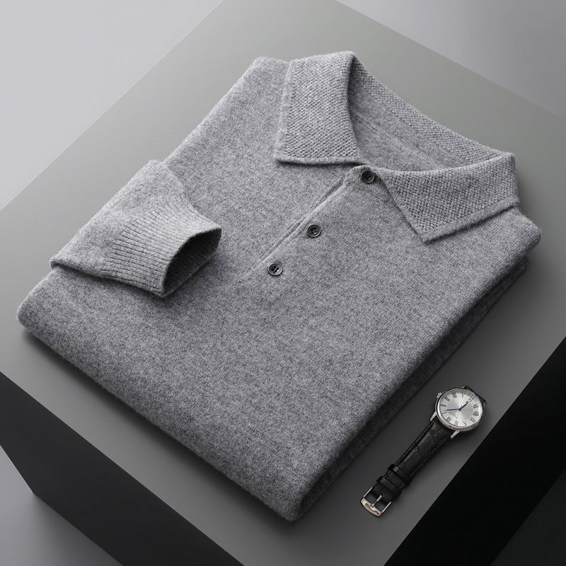 Men's Polo Sweater - Classic Knit with Collar - Grey