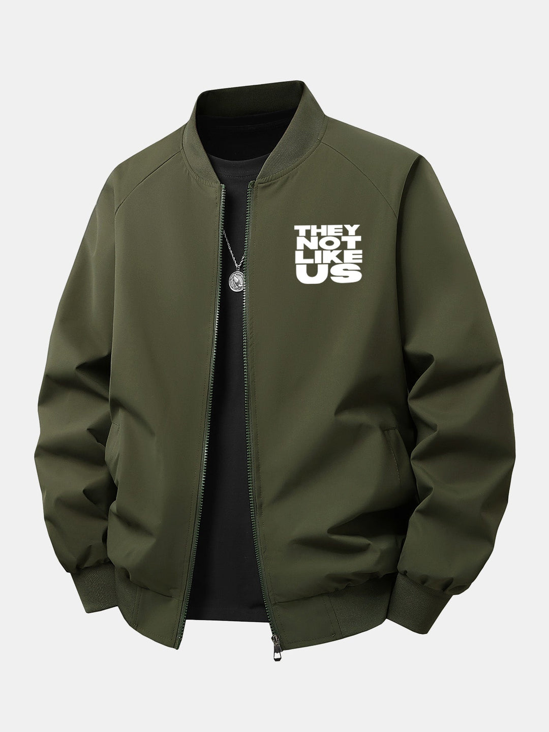 Men's Printed Zip Bomber Jacket – Relaxed Fit Streetwear - Dark Green