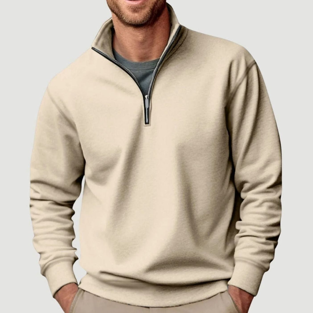Men's Quarter-Zip Stand-Collar Sweatshirt in beige, Relaxed Fit