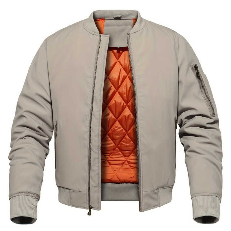 Men's Quilted Bomber Jacket - Classic Zip & Stand Collar - Beige