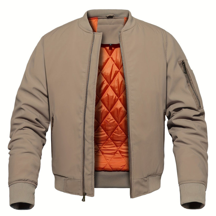 Men's Quilted Bomber Jacket - Classic Zip & Stand Collar - Beige
