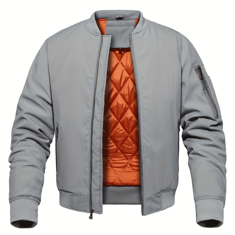 Men's Quilted Bomber Jacket - Classic Zip & Stand Collar - Grey