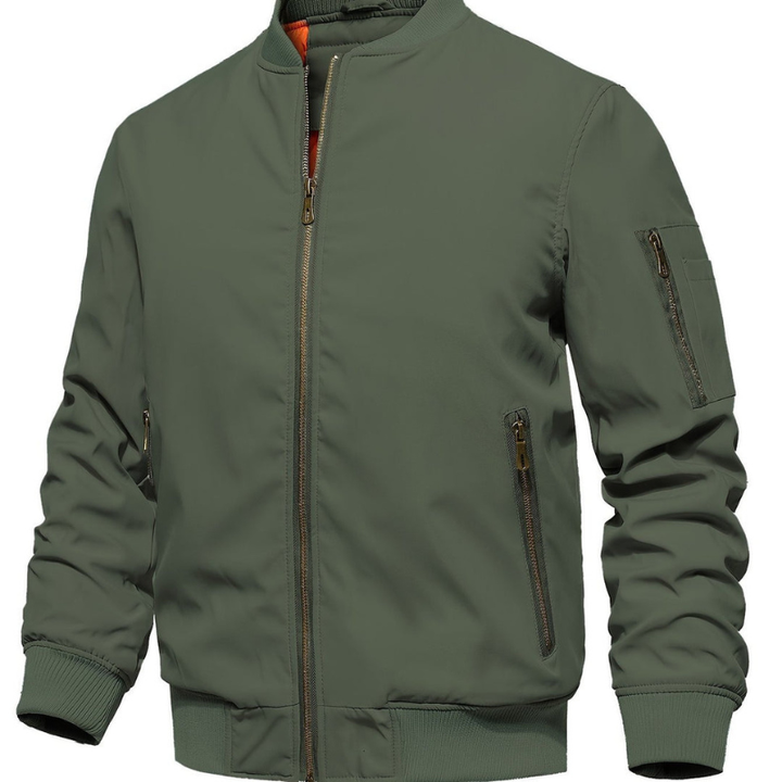 Men's Quilted Bomber Jacket - Classic Zip & Stand Collar - Olive Green