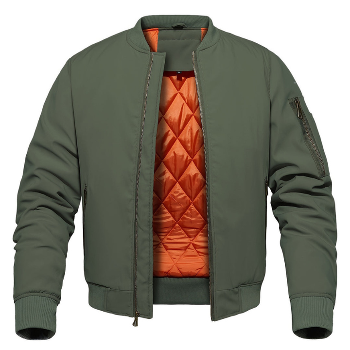 Men's Quilted Bomber Jacket - Classic Zip & Stand Collar - Olive Green