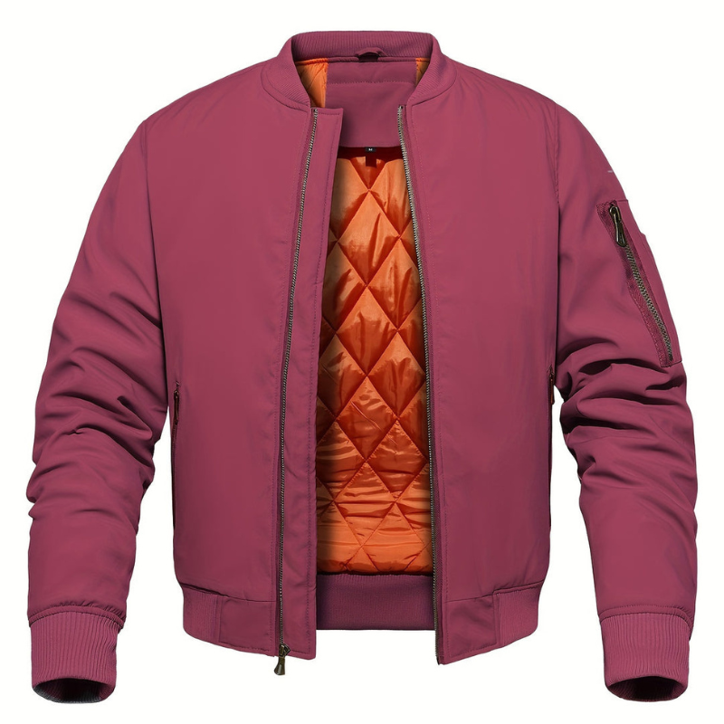 Men's Quilted Bomber Jacket - Classic Zip & Stand Collar - Red