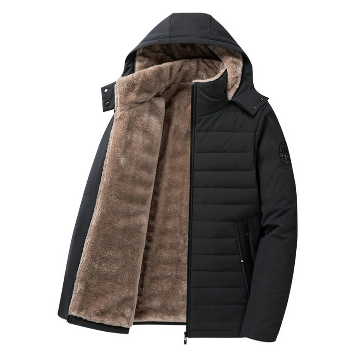 Men's Quilted Winter Jacket with Hood - Warm Puffer Coat - Black