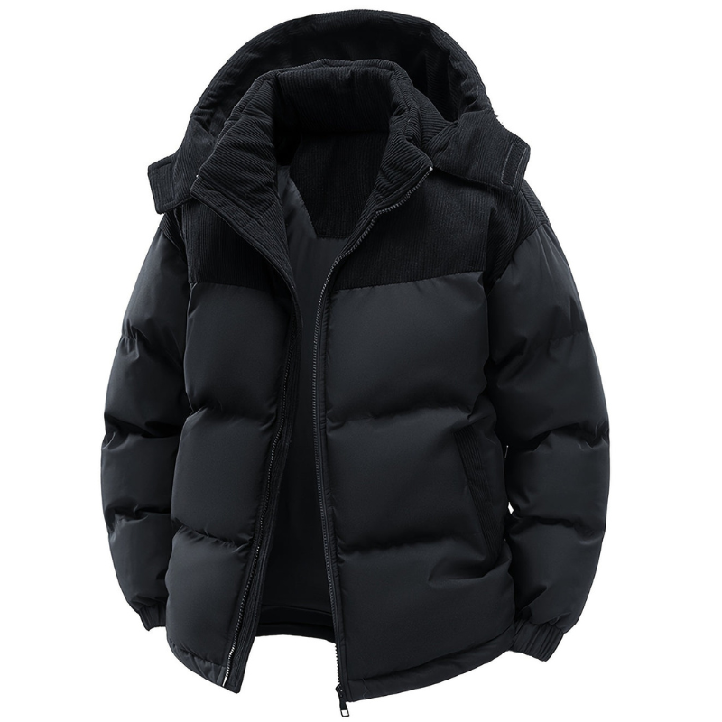 Men's Quilted Winter Jacket with Hood – Warm & Windproof - Black