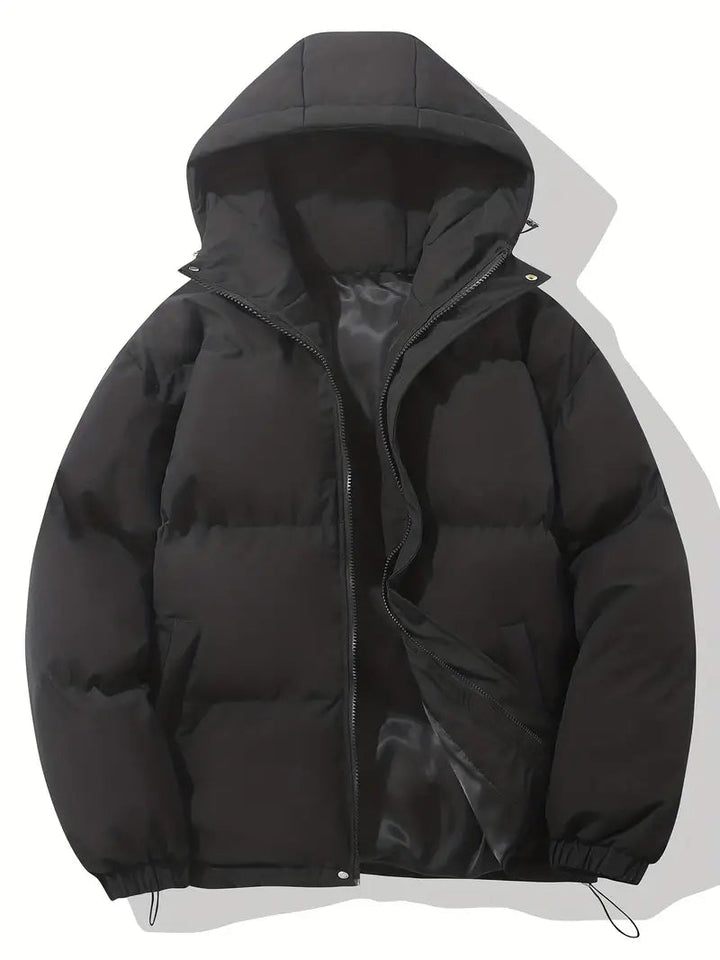 Men's Quilted Winter Puffer Jacket - Warm Hooded Coat - Black