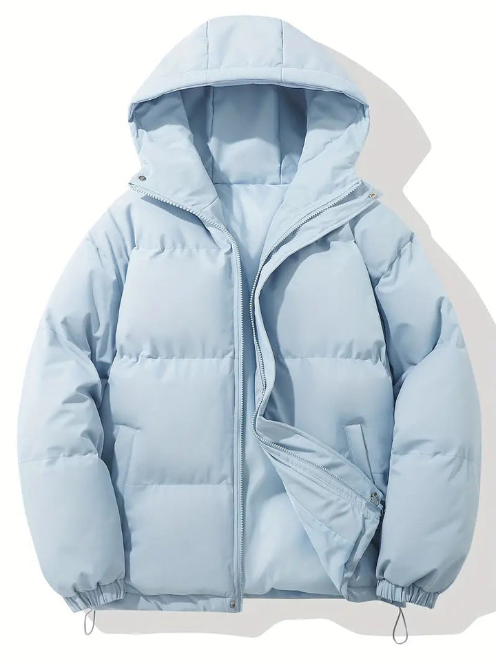 Men's Quilted Winter Puffer Jacket - Warm Hooded Coat - Blue