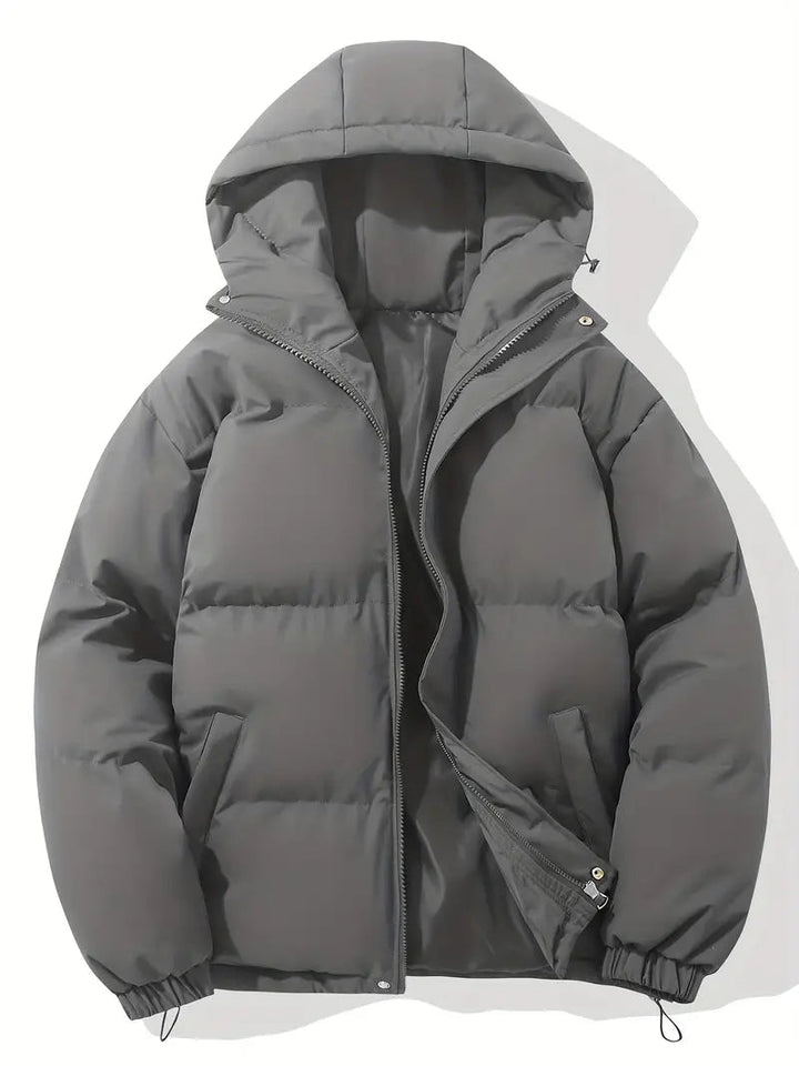 Men's Quilted Winter Puffer Jacket - Warm Hooded Coat - Dark Grey