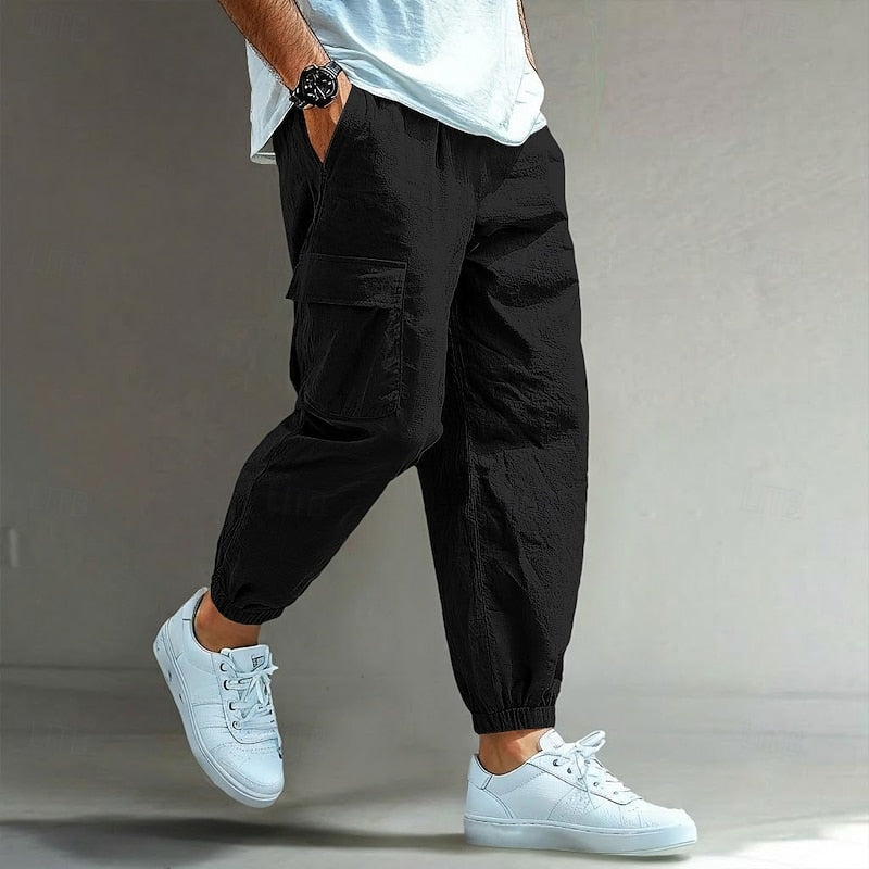 Men's Relaxed Cargo Pants in black, Elastic Waist Drawstring