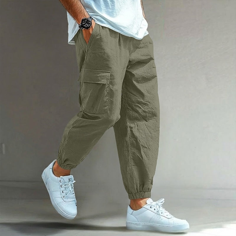 Men's Relaxed Cargo Pants in green, Elastic Waist Drawstring