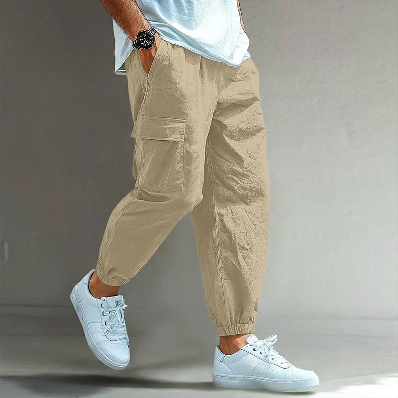 Men's Relaxed Cargo Pants in khaki, Elastic Waist Drawstring