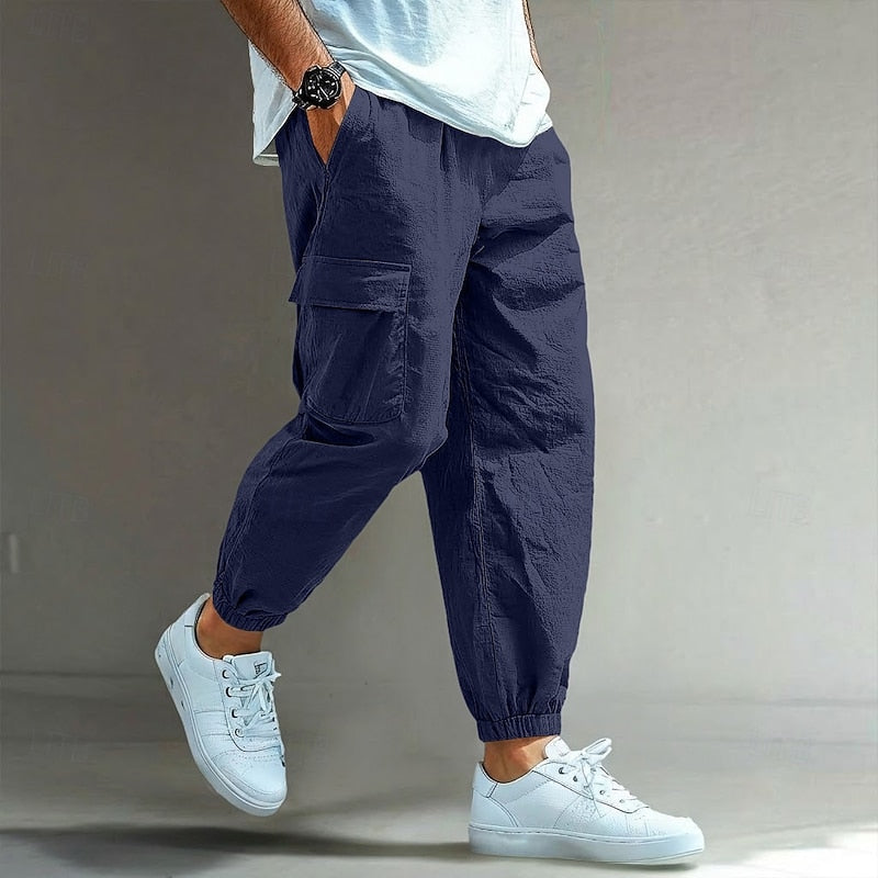 Men's Relaxed Cargo Pants in navy, Elastic Waist Drawstring