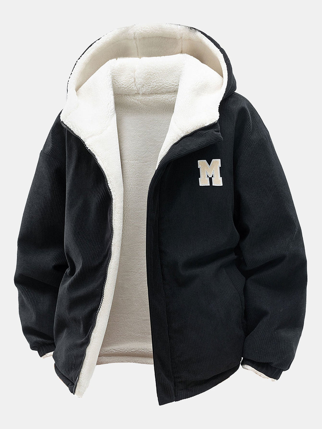 Men's Reversible Corduroy Hooded Jacket – Relaxed Fit Winter Outerwear - Black