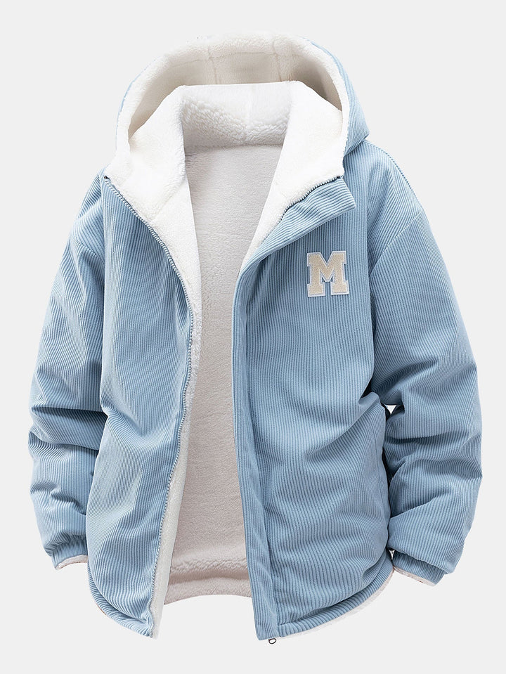 Men's Reversible Corduroy Hooded Jacket – Relaxed Fit Winter Outerwear - Light Blue