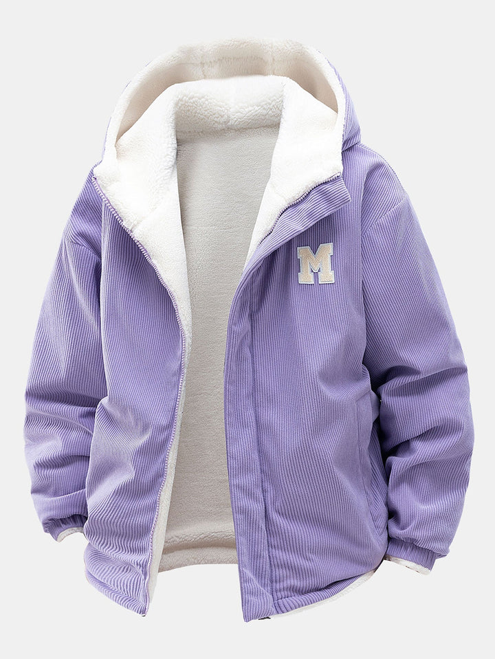 Men's Reversible Corduroy Hooded Jacket – Relaxed Fit Winter Outerwear - Light Purple