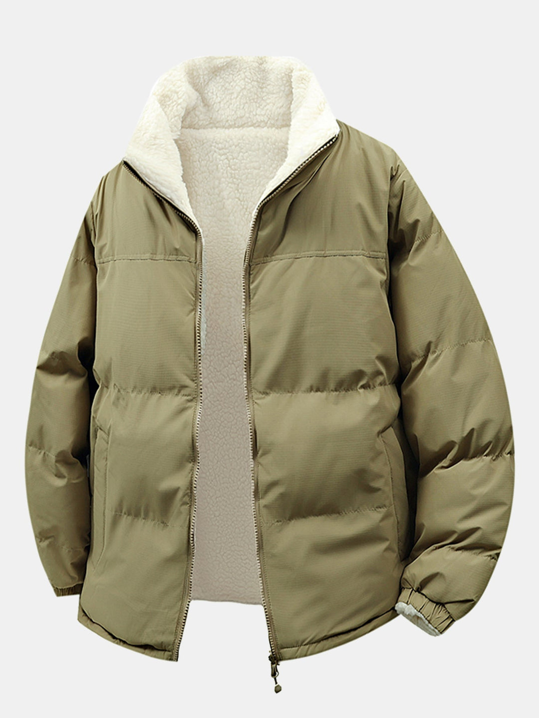 Men's Reversible Teddy Fleece Puffer Jacket – Relaxed Fit - Olive Green