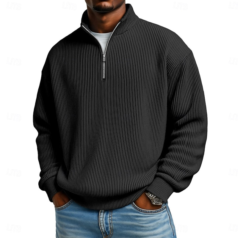 Men's Ribbed Quarter-Zip Pullover in black, Relaxed Comfort Layer