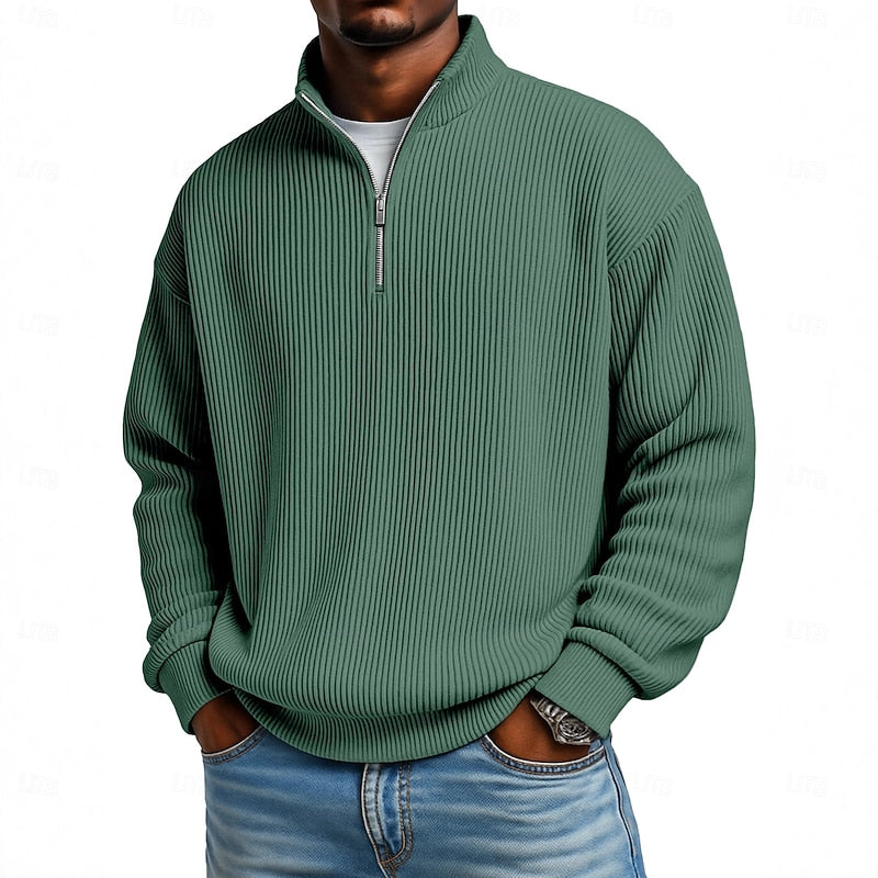 Men's Ribbed Quarter-Zip Pullover in dark green, Relaxed Comfort Layer