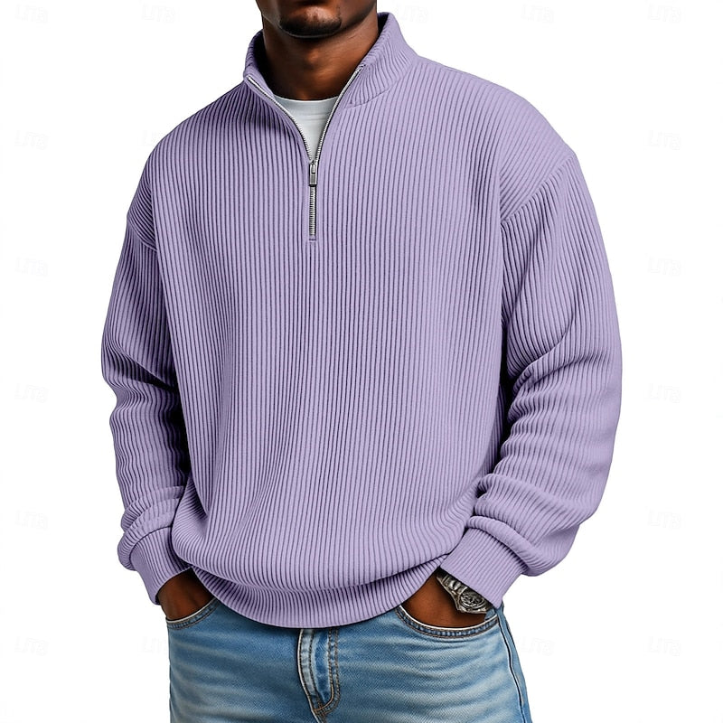 Men's Ribbed Quarter-Zip Pullover - Relaxed Comfort Layer