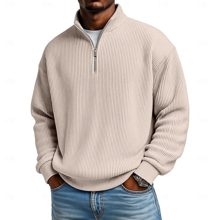 Men's Ribbed Quarter-Zip Pullover in khaki, Relaxed Comfort Layer
