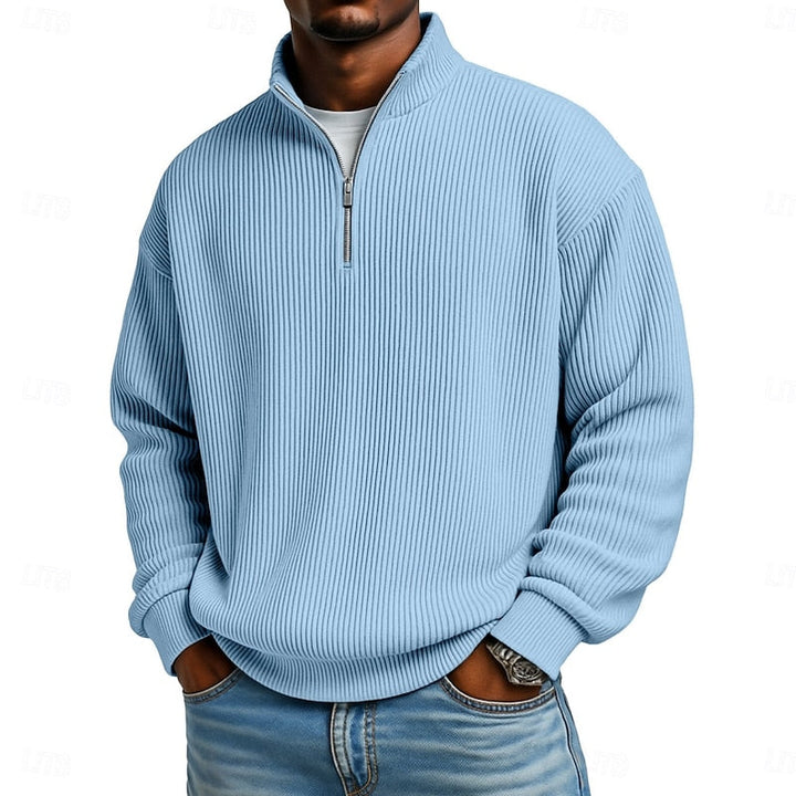 Men's Ribbed Quarter-Zip Pullover in light blue, Relaxed Comfort Layer