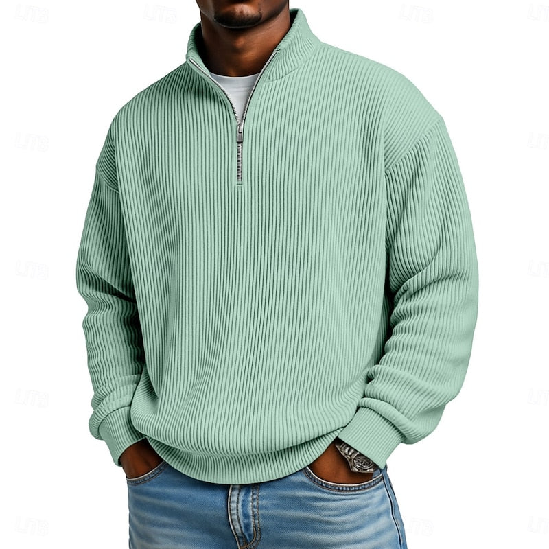 Men's Ribbed Quarter-Zip Pullover in light green, Relaxed Comfort Layer