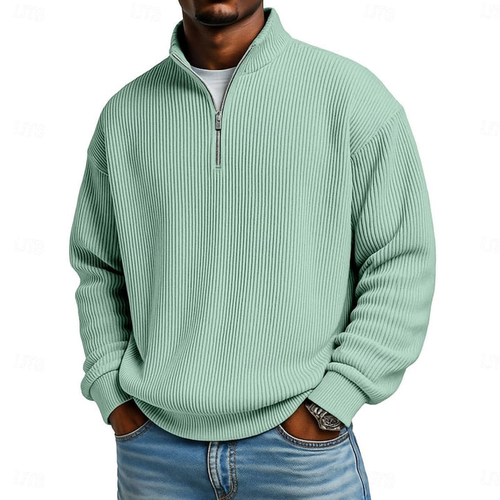 Men's Ribbed Quarter-Zip Pullover in light green, Relaxed Comfort Layer