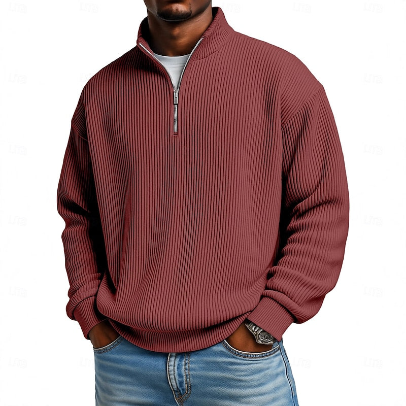 Men's Ribbed Quarter-Zip Pullover in wine, Relaxed Comfort Layer