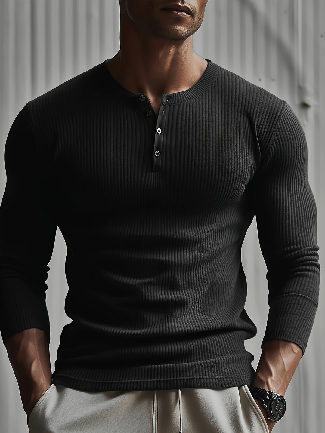 Men's Ribbed Slim Fit Shirt - Modern Casual Style - Black