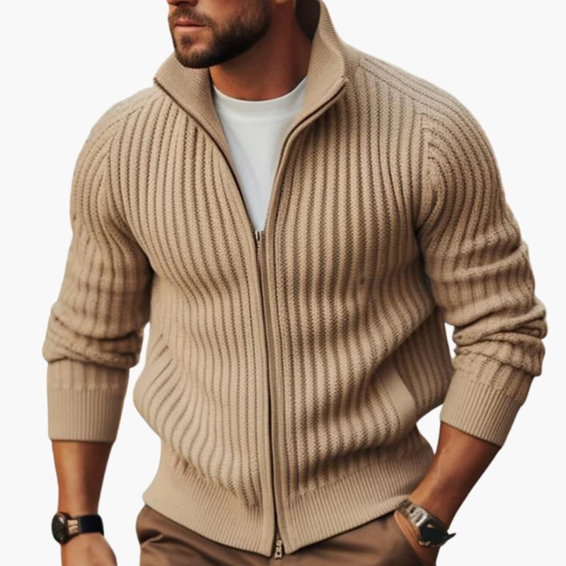 Men's Ribbed Zip Sweater - Comfortable Regular Fit - Beige
