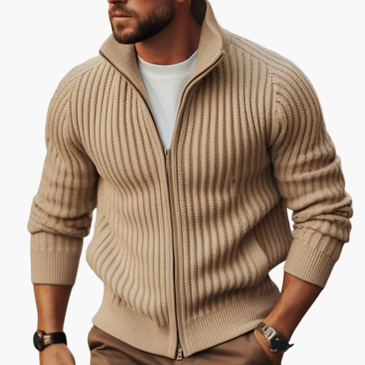 Men's Ribbed Zip Sweater - Comfortable Regular Fit - Beige