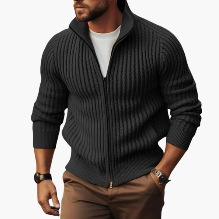 Men's Ribbed Zip Sweater - Comfortable Regular Fit - Dark Grey