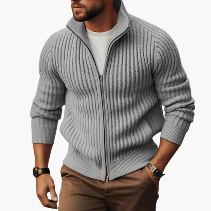 Men's Ribbed Zip Sweater - Comfortable Regular Fit - Grey