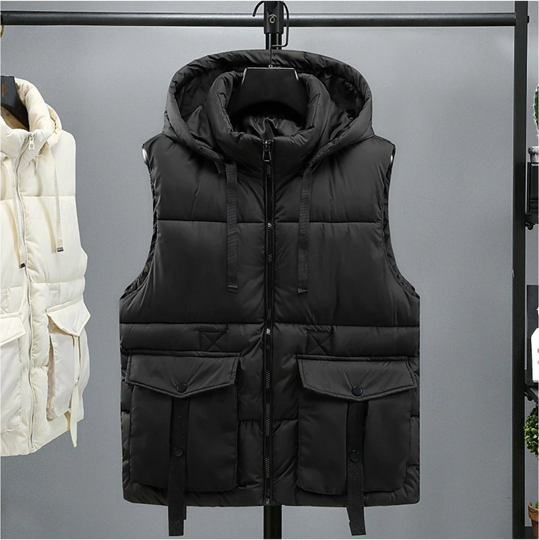 Men's Sleeveless Puffer Vest with Removable Hood - Black